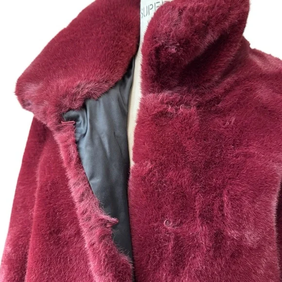 MNG Mango Faux Fur Coat Size S Burgundy - Picture 5 of 12